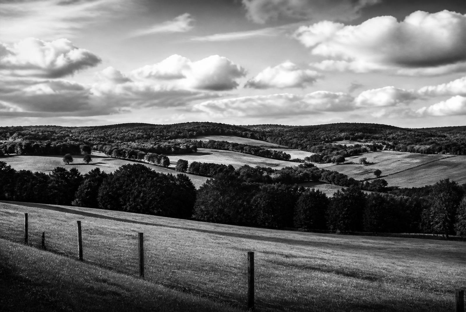 Black and white photograph of the rolling Ontario countryside